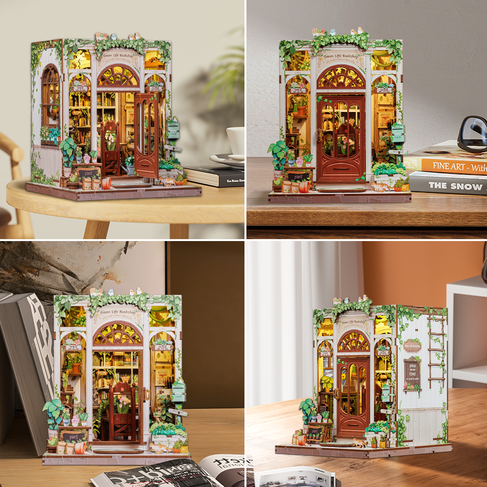 Book Nook DIY Green Life Bookshop – Librairie Miniature à Construire – Kit Maquette 3D Bois LED – Décor Étagère