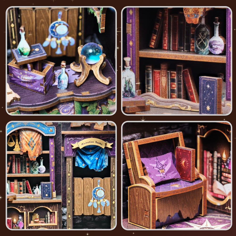 Book Nook DIY Astrologie – Librairie Miniature Astrale à Construire – Kit Maquette 3D Bois LED – Décor Étagère