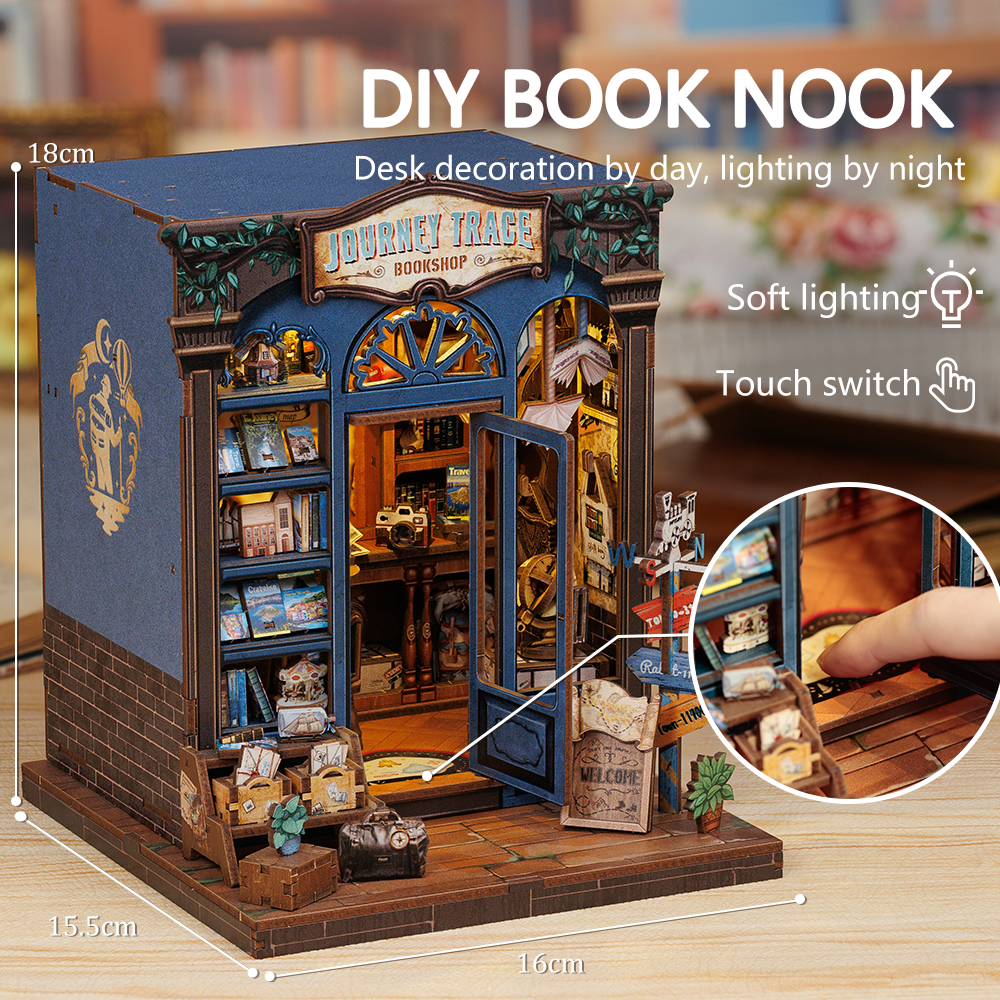 Book Nook DIY Journey Trace Bookshop – Librairie Miniature à Construire – Kit Maquette 3D Bois LED – Décor Étagère