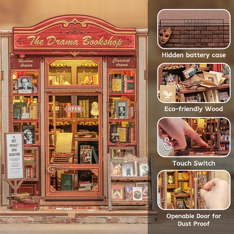 Book Nook DIY The Drama Bookshop – Maison Miniature à Construire – Kit Librairie 3D LED – Décor Étagère