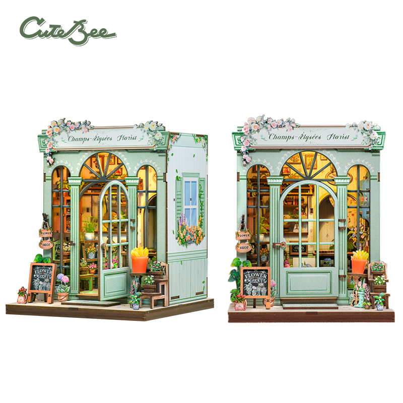 Book Nook DIY Fleuriste Champs-Élysées – Boutique Miniature à Construire – Kit Maquette 3D Bois LED – Décor Étagère
