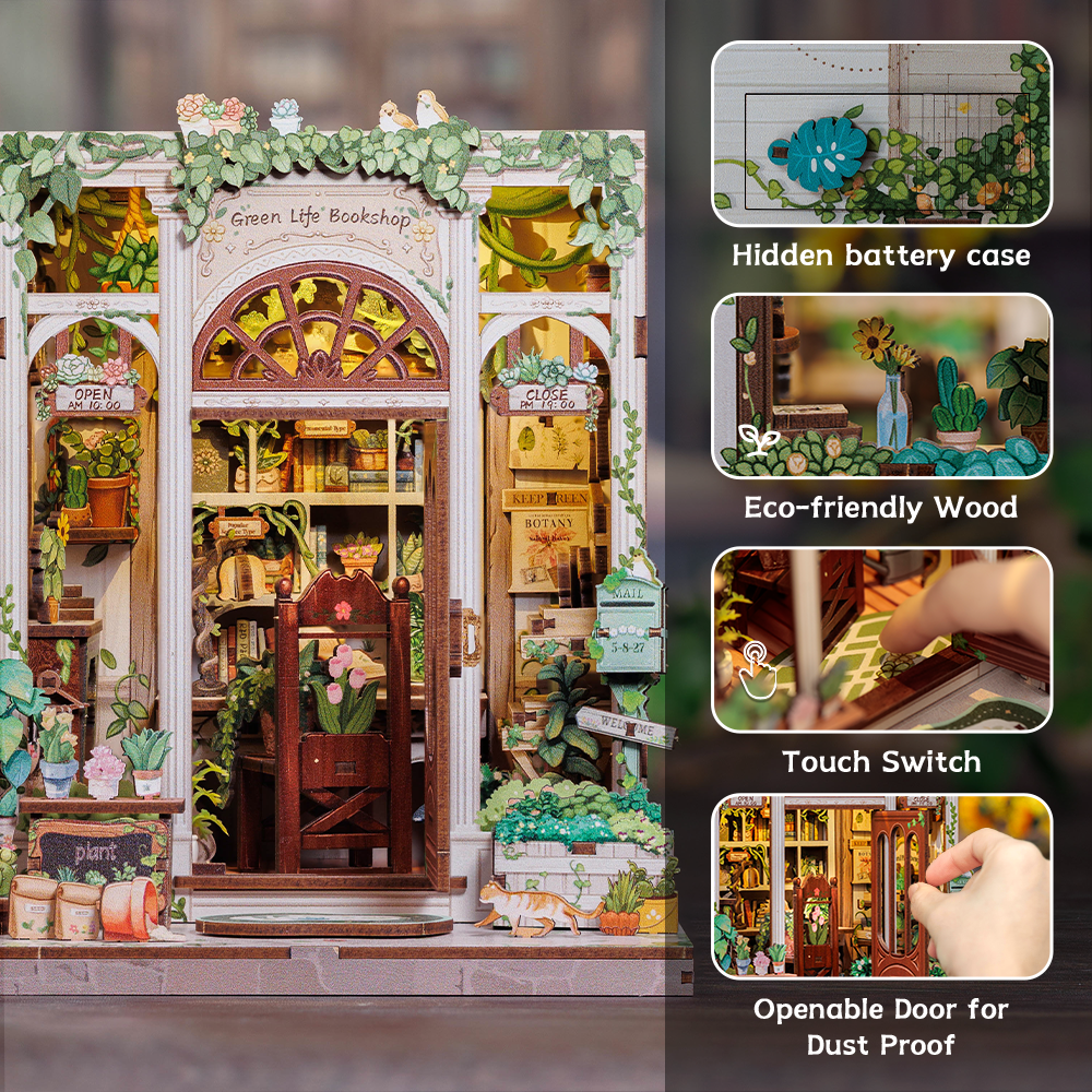 Book Nook DIY Green Life Bookshop – Librairie Miniature à Construire – Kit Maquette 3D Bois LED – Décor Étagère