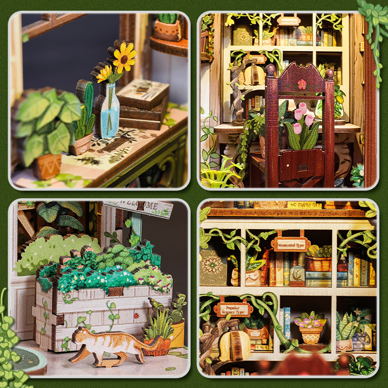 Book Nook DIY Green Life Bookshop – Librairie Miniature à Construire – Kit Maquette 3D Bois LED – Décor Étagère