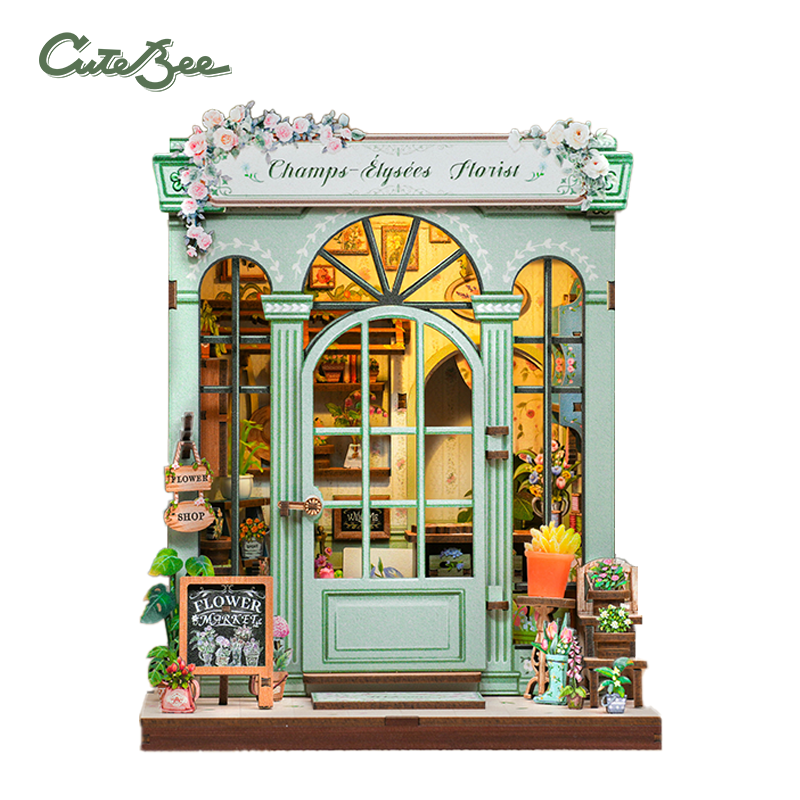 Book Nook DIY Fleuriste Champs-Élysées – Boutique Miniature à Construire – Kit Maquette 3D Bois LED – Décor Étagère