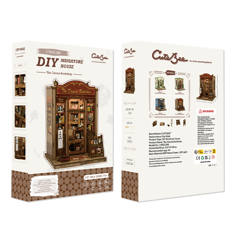 Book Nook DIY The Drama Bookshop – Maison Miniature à Construire – Kit Librairie 3D LED – Décor Étagère
