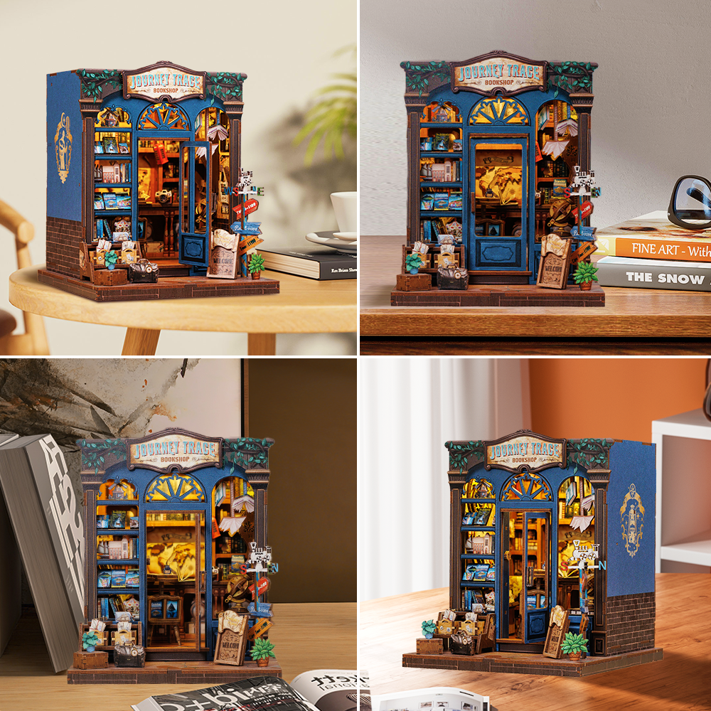 Book Nook DIY Journey Trace Bookshop – Librairie Miniature à Construire – Kit Maquette 3D Bois LED – Décor Étagère