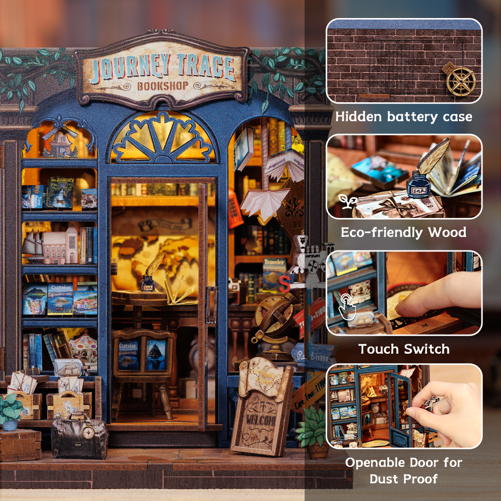 Book Nook DIY Journey Trace Bookshop – Librairie Miniature à Construire – Kit Maquette 3D Bois LED – Décor Étagère