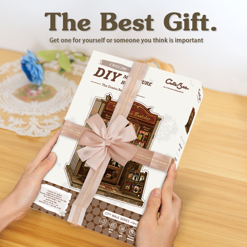 Book Nook DIY The Drama Bookshop – Maison Miniature à Construire – Kit Librairie 3D LED – Décor Étagère