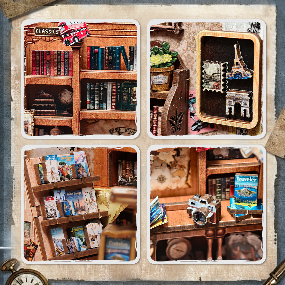 Book Nook DIY Journey Trace Bookshop – Librairie Miniature à Construire – Kit Maquette 3D Bois LED – Décor Étagère