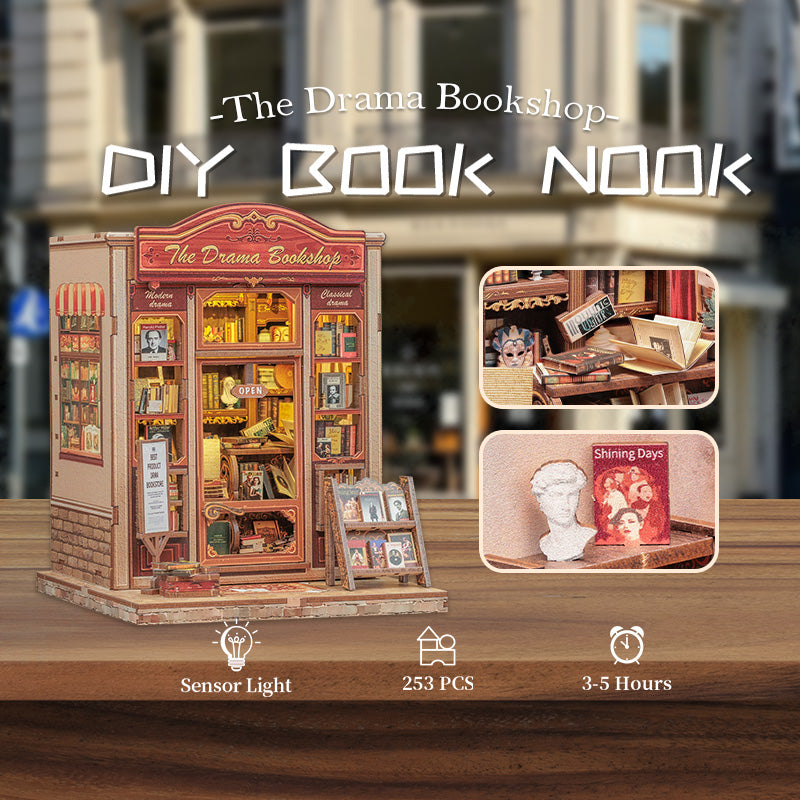 Book Nook DIY The Drama Bookshop – Maison Miniature à Construire – Kit Librairie 3D LED – Décor Étagère