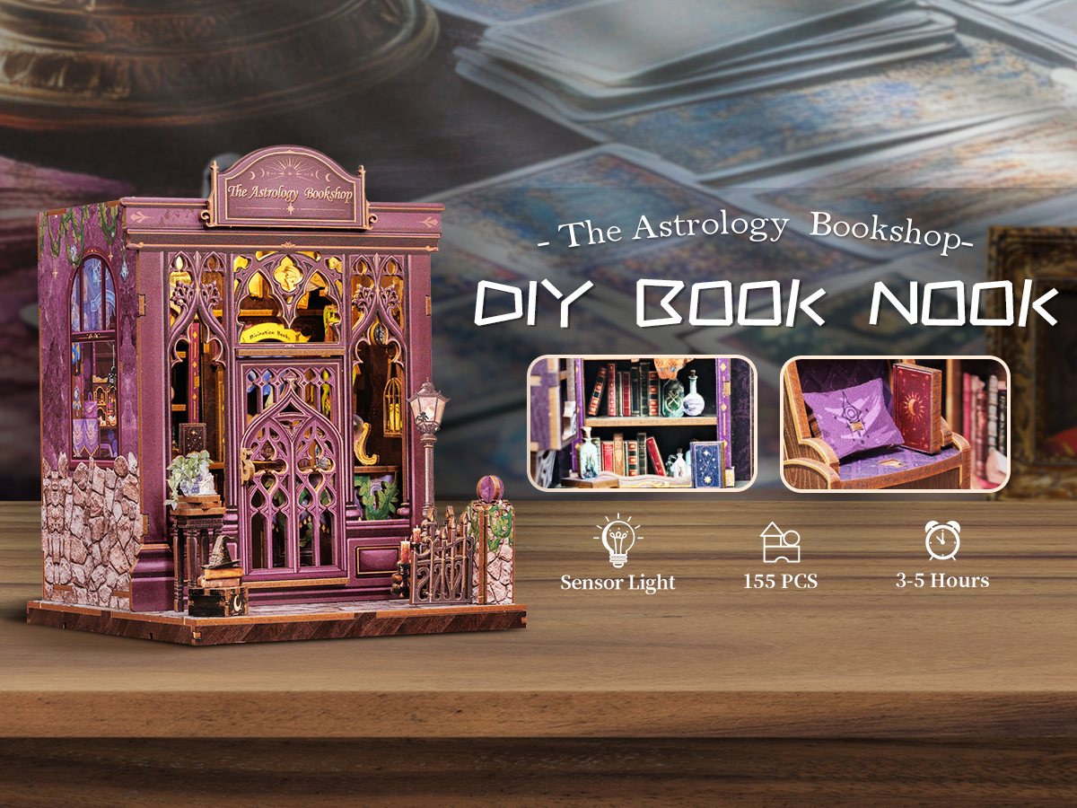 Book Nook DIY Astrologie – Librairie Miniature Astrale à Construire – Kit Maquette 3D Bois LED – Décor Étagère