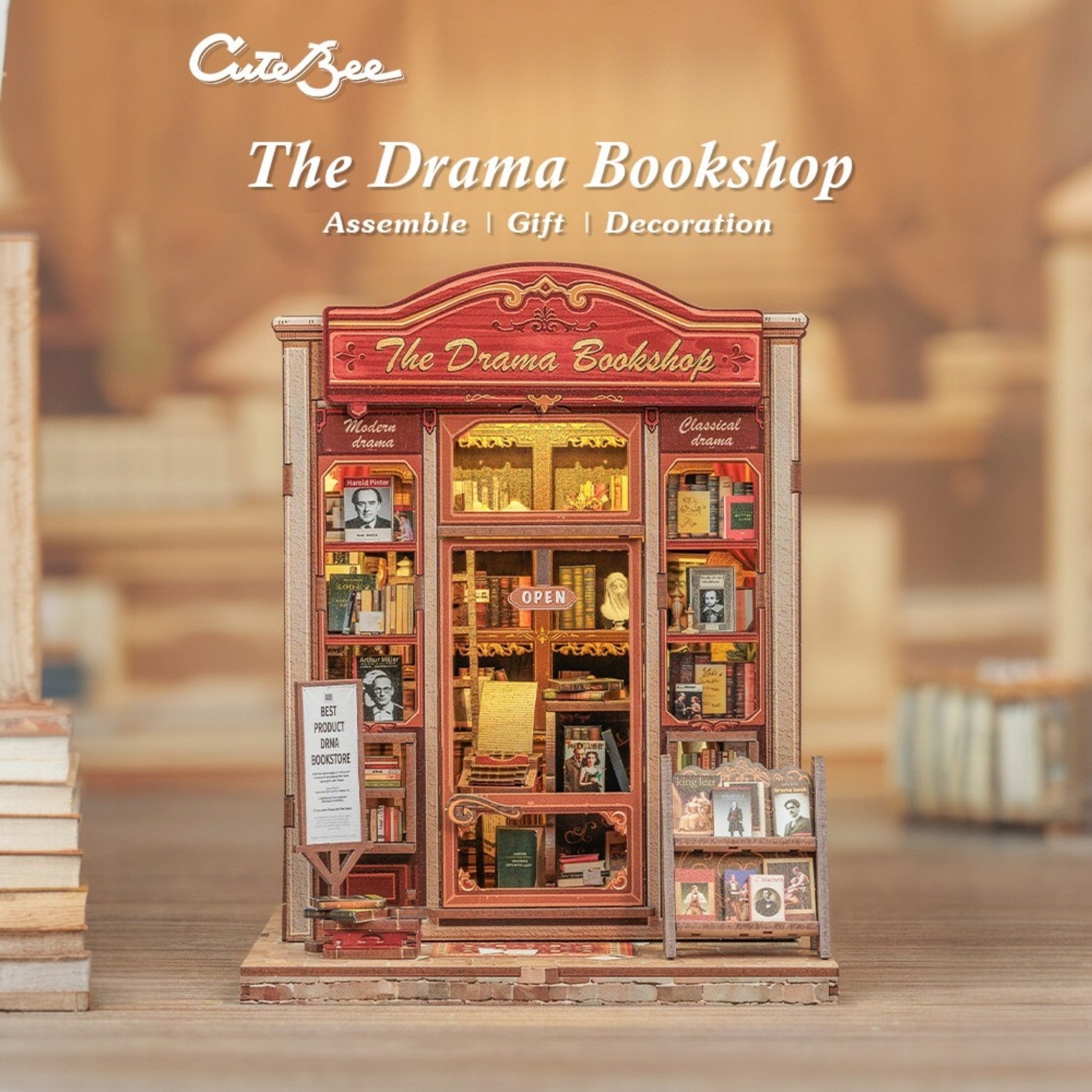 Book Nook DIY The Drama Bookshop – Maison Miniature à Construire – Kit Librairie 3D LED – Décor Étagère