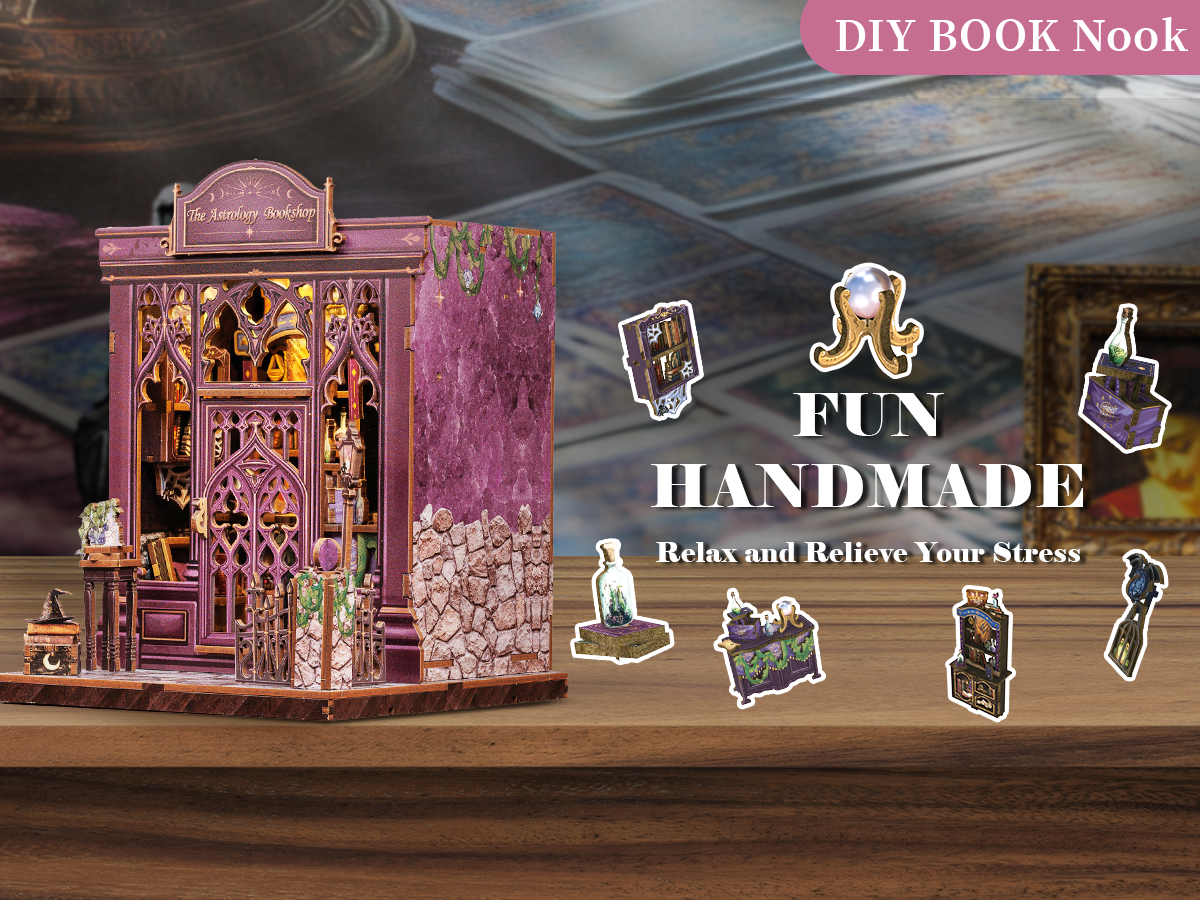 Book Nook DIY Astrologie – Librairie Miniature Astrale à Construire – Kit Maquette 3D Bois LED – Décor Étagère
