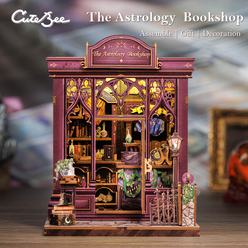 Book Nook DIY Astrologie – Librairie Miniature Astrale à Construire – Kit Maquette 3D Bois LED – Décor Étagère