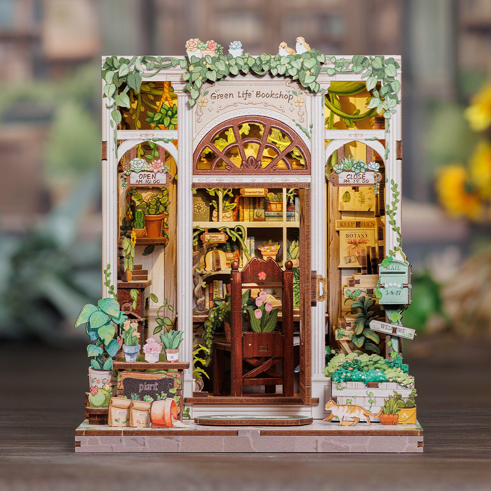 Book Nook DIY Green Life Bookshop – Librairie Miniature à Construire – Kit Maquette 3D Bois LED – Décor Étagère