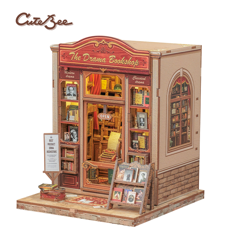 Book Nook DIY The Drama Bookshop – Maison Miniature à Construire – Kit Librairie 3D LED – Décor Étagère