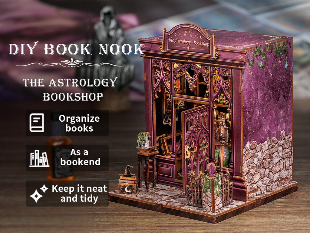 Book Nook DIY Astrologie – Librairie Miniature Astrale à Construire – Kit Maquette 3D Bois LED – Décor Étagère