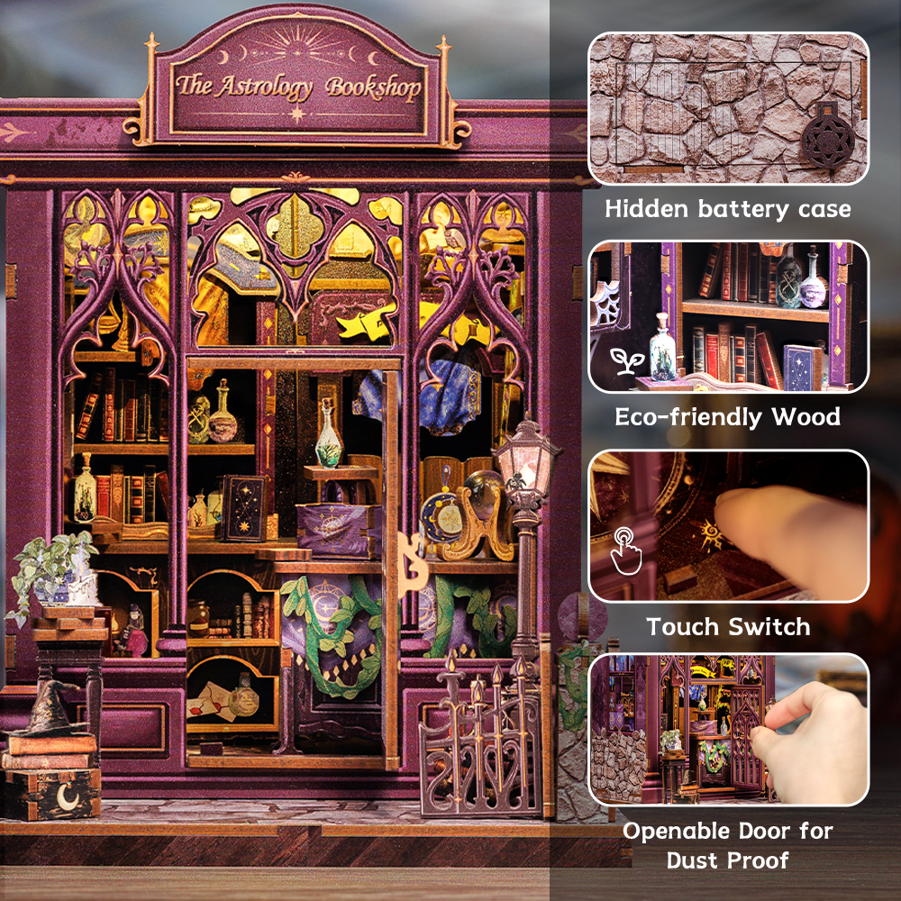 Book Nook DIY Astrologie – Librairie Miniature Astrale à Construire – Kit Maquette 3D Bois LED – Décor Étagère