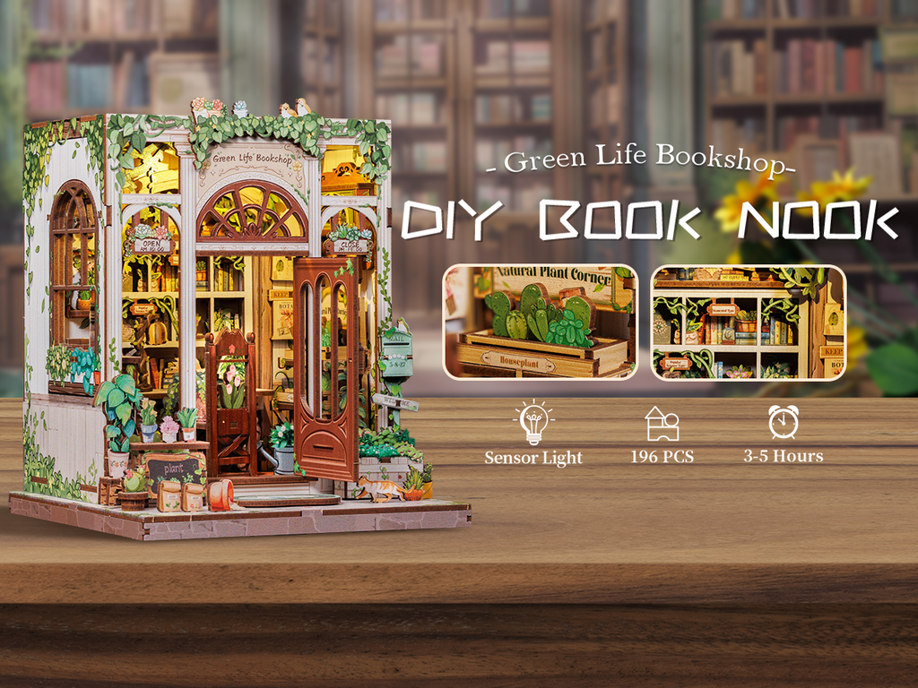 Book Nook DIY Green Life Bookshop – Librairie Miniature à Construire – Kit Maquette 3D Bois LED – Décor Étagère