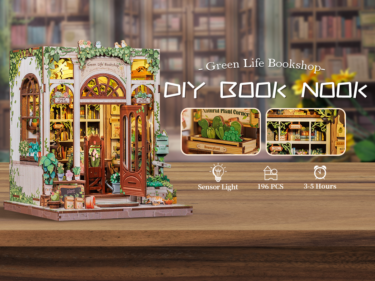 Book Nook DIY Green Life Bookshop – Librairie Miniature à Construire – Kit Maquette 3D Bois LED – Décor Étagère