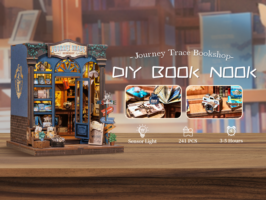 Book Nook DIY Journey Trace Bookshop – Librairie Miniature à Construire – Kit Maquette 3D Bois LED – Décor Étagère