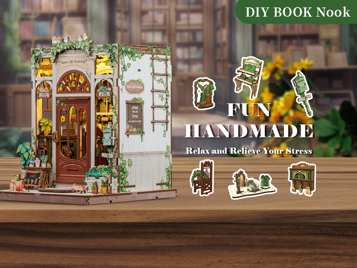 Book Nook DIY Green Life Bookshop – Librairie Miniature à Construire – Kit Maquette 3D Bois LED – Décor Étagère