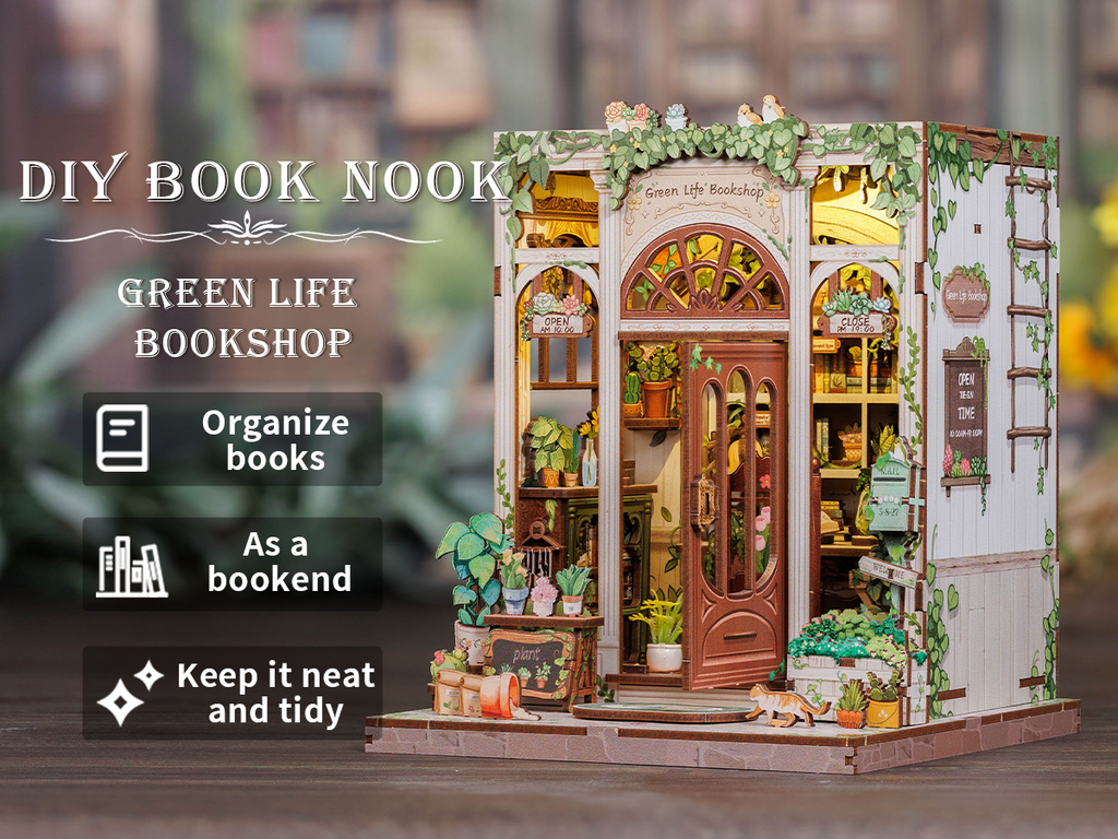 Book Nook DIY Green Life Bookshop – Librairie Miniature à Construire – Kit Maquette 3D Bois LED – Décor Étagère