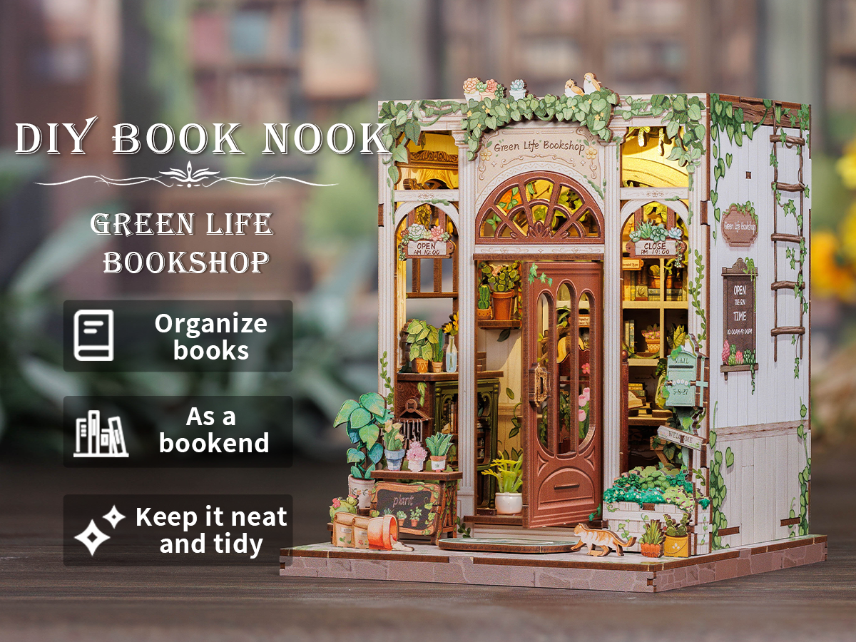 Book Nook DIY Green Life Bookshop – Librairie Miniature à Construire – Kit Maquette 3D Bois LED – Décor Étagère
