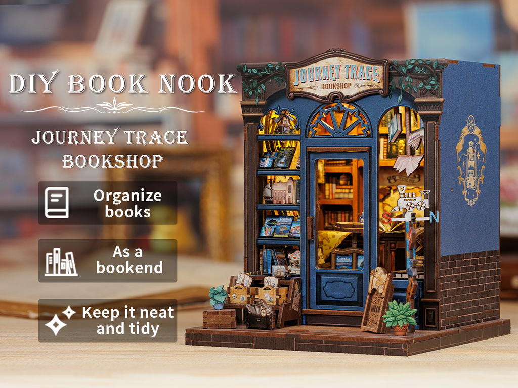 Book Nook DIY Journey Trace Bookshop – Librairie Miniature à Construire – Kit Maquette 3D Bois LED – Décor Étagère