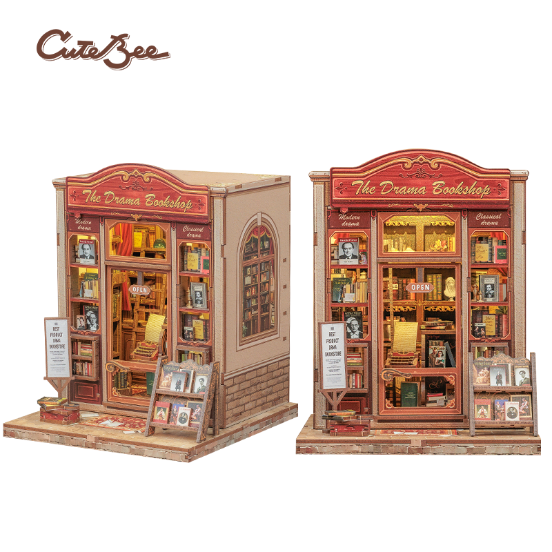 Book Nook DIY The Drama Bookshop – Maison Miniature à Construire – Kit Librairie 3D LED – Décor Étagère