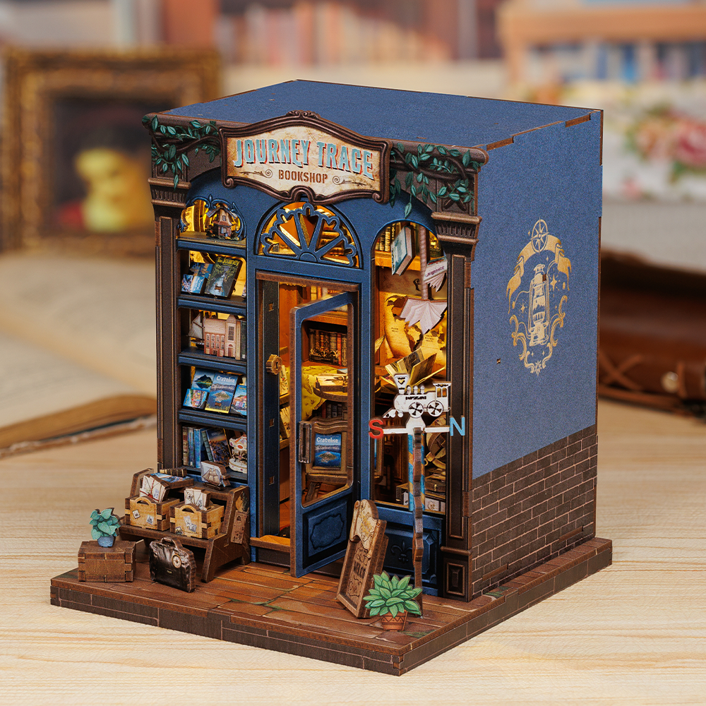 Book Nook DIY Journey Trace Bookshop – Librairie Miniature à Construire – Kit Maquette 3D Bois LED – Décor Étagère
