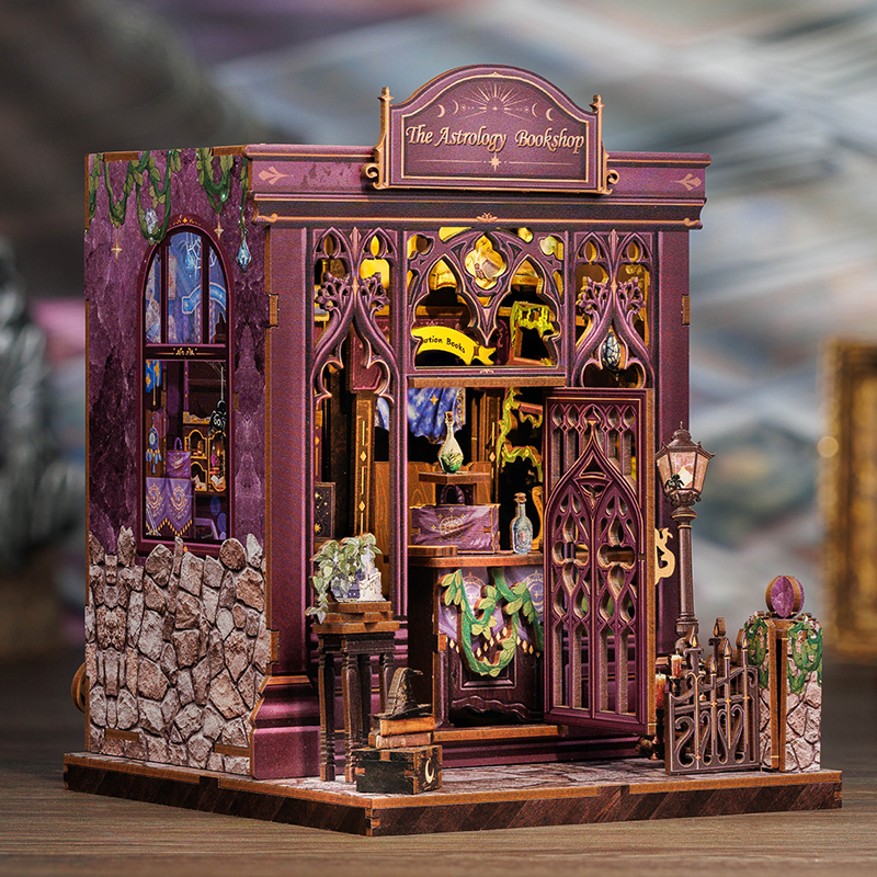 Book Nook DIY Astrologie – Librairie Miniature Astrale à Construire – Kit Maquette 3D Bois LED – Décor Étagère