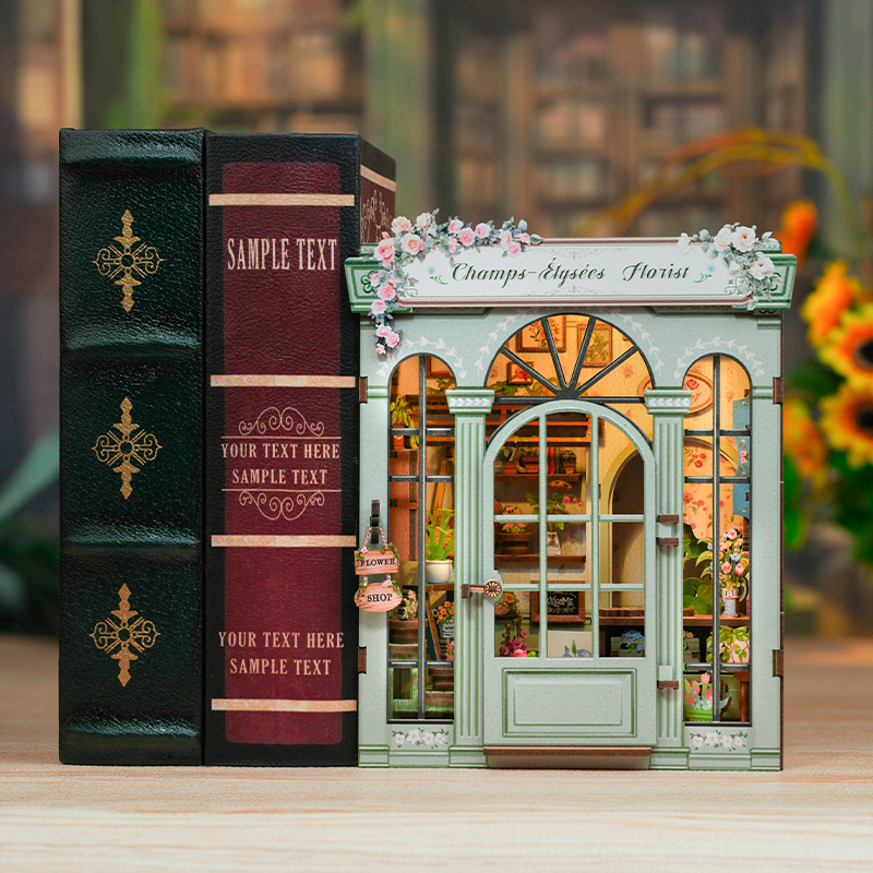 Book Nook DIY Fleuriste Champs-Élysées – Boutique Miniature à Construire – Kit Maquette 3D Bois LED – Décor Étagère