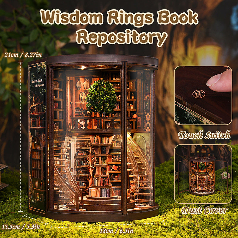 Book Nook DIY Fantasy Anneaux de Sagesse – Maison Miniature Magique 3D avec LED – Déco Médiévale Bibliothèque