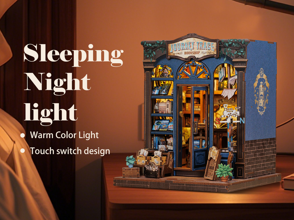 Book Nook DIY Journey Trace Bookshop – Librairie Miniature à Construire – Kit Maquette 3D Bois LED – Décor Étagère