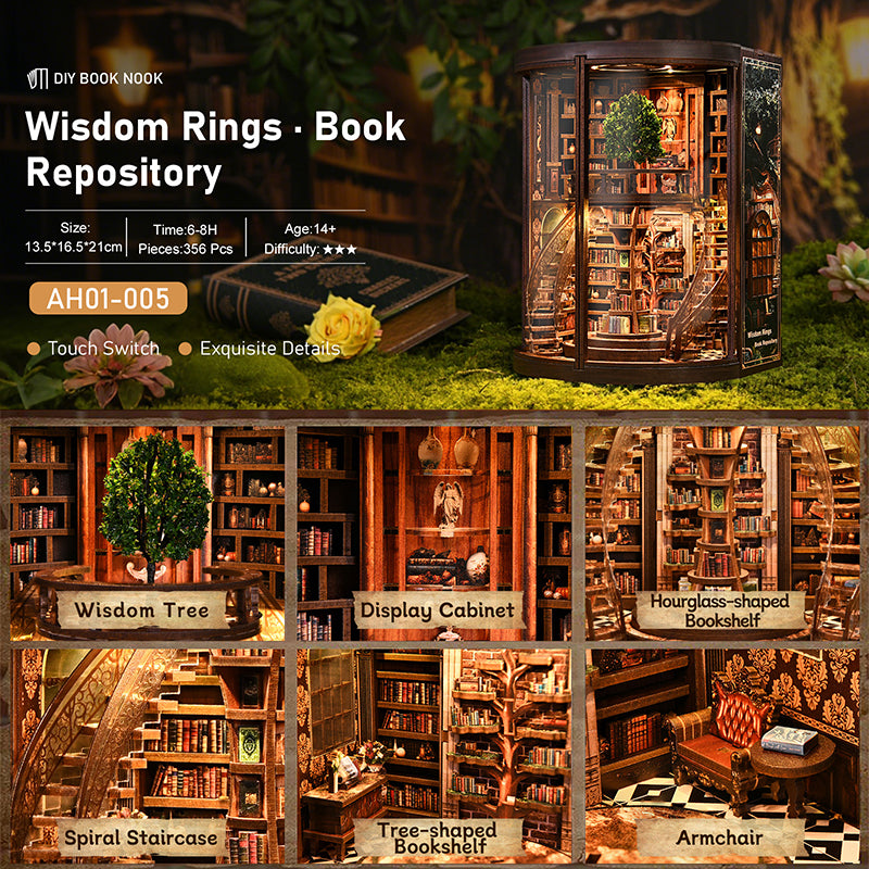 Book Nook DIY Fantasy Anneaux de Sagesse – Maison Miniature Magique 3D avec LED – Déco Médiévale Bibliothèque