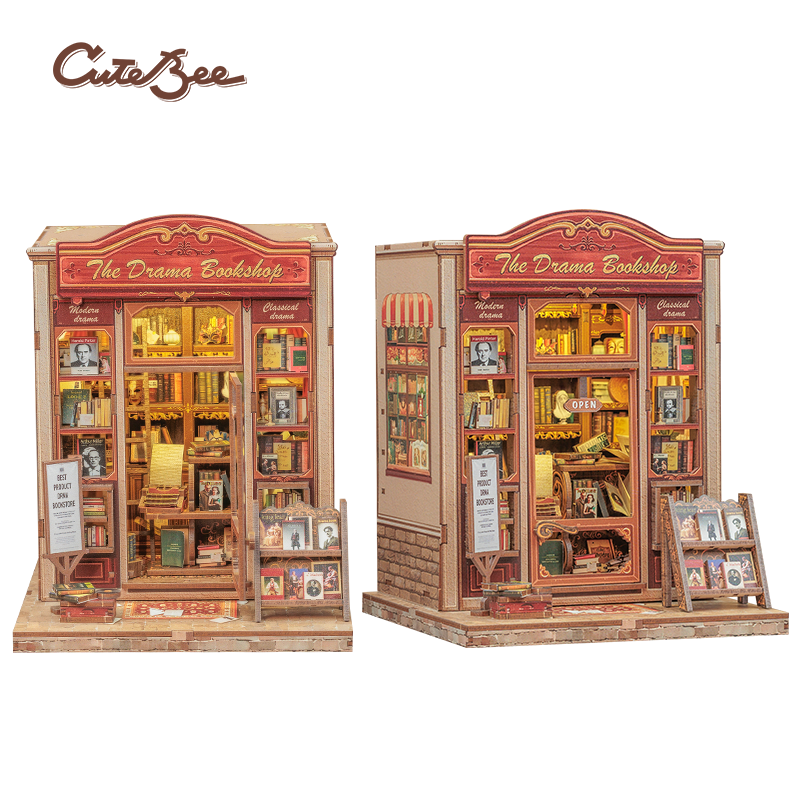 Book Nook DIY The Drama Bookshop – Maison Miniature à Construire – Kit Librairie 3D LED – Décor Étagère