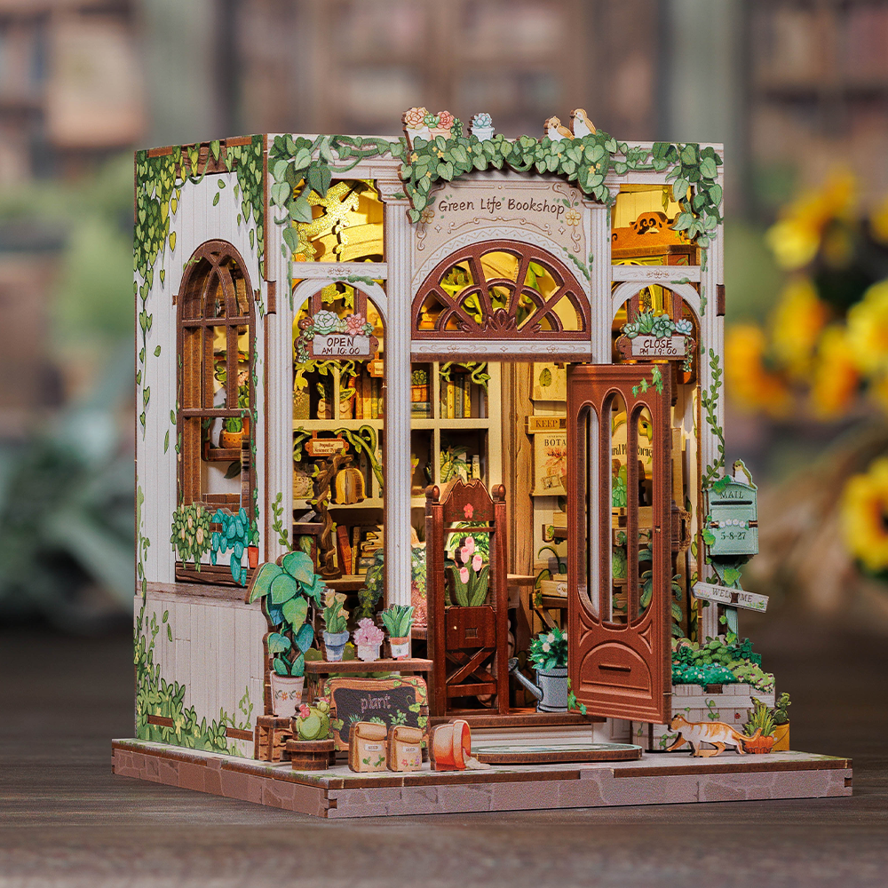 Book Nook DIY Green Life Bookshop – Librairie Miniature à Construire – Kit Maquette 3D Bois LED – Décor Étagère