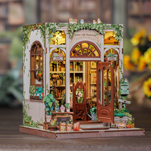 Book Nook DIY Green Life Bookshop – Librairie Miniature à Construire – Kit Maquette 3D Bois LED – Décor Étagère