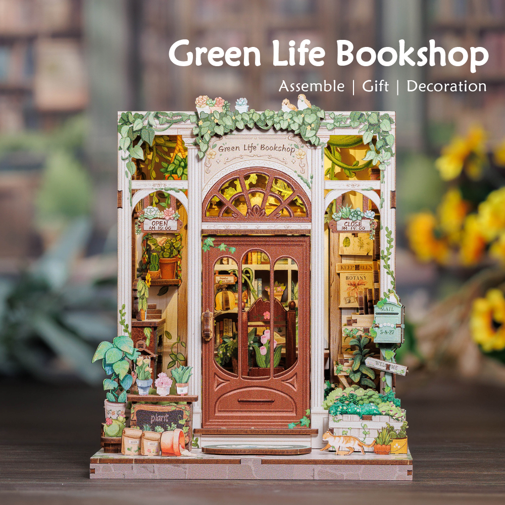 Book Nook DIY Green Life Bookshop – Librairie Miniature à Construire – Kit Maquette 3D Bois LED – Décor Étagère