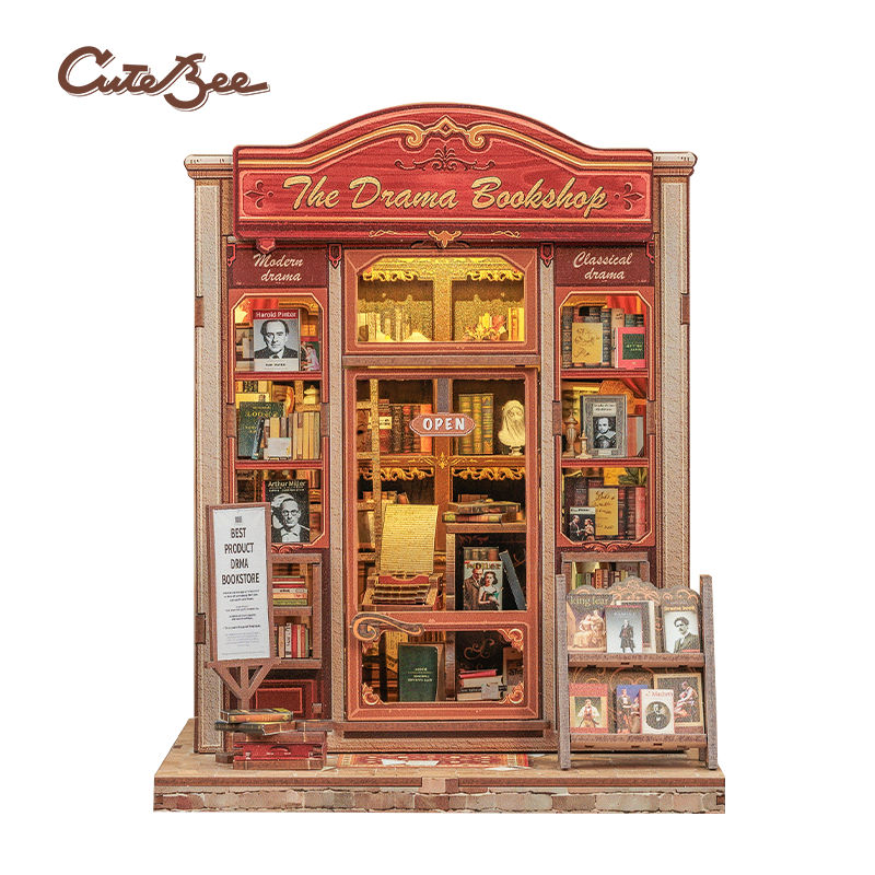 Book Nook DIY The Drama Bookshop – Maison Miniature à Construire – Kit Librairie 3D LED – Décor Étagère