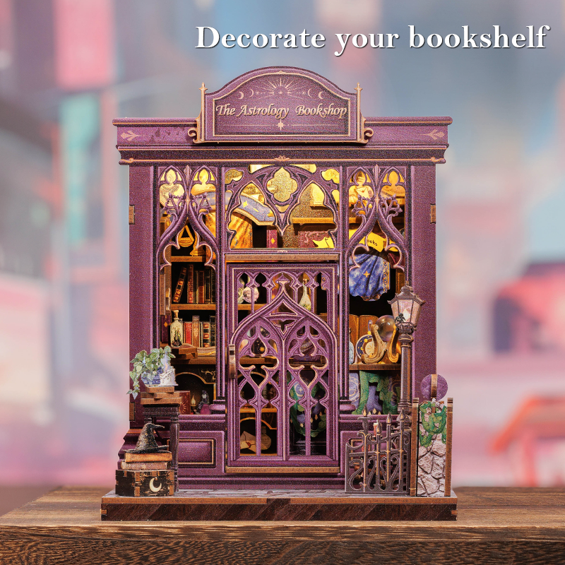 Book Nook DIY Astrologie – Librairie Miniature Astrale à Construire – Kit Maquette 3D Bois LED – Décor Étagère