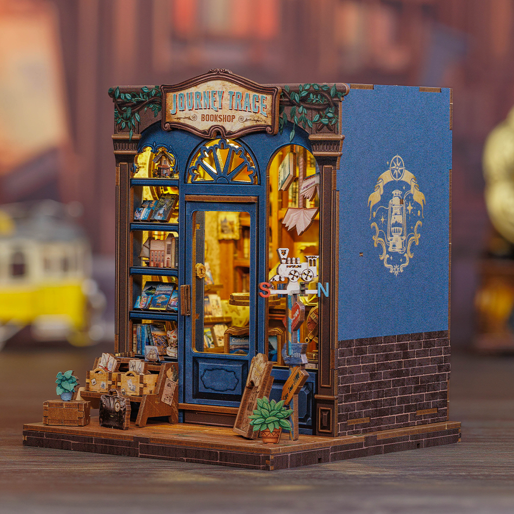 Book Nook DIY Journey Trace Bookshop – Librairie Miniature à Construire – Kit Maquette 3D Bois LED – Décor Étagère