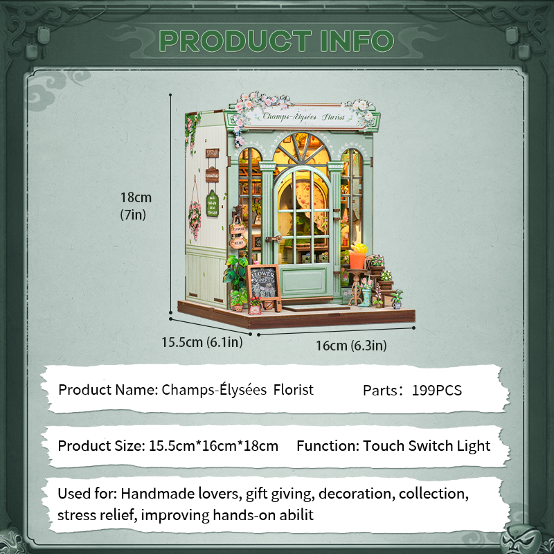 Book Nook DIY Fleuriste Champs-Élysées – Boutique Miniature à Construire – Kit Maquette 3D Bois LED – Décor Étagère
