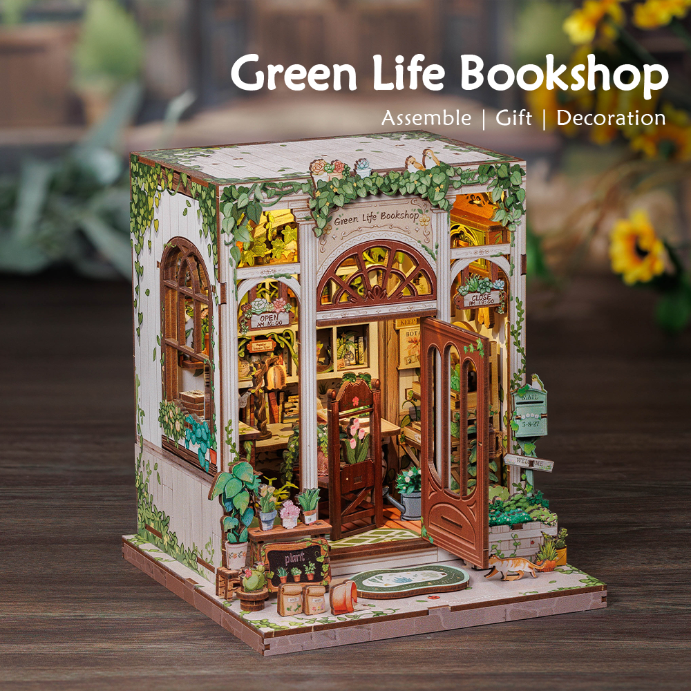Book Nook DIY Green Life Bookshop – Librairie Miniature à Construire – Kit Maquette 3D Bois LED – Décor Étagère