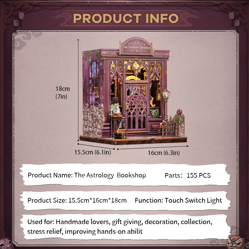 Book Nook DIY Astrologie – Librairie Miniature Astrale à Construire – Kit Maquette 3D Bois LED – Décor Étagère