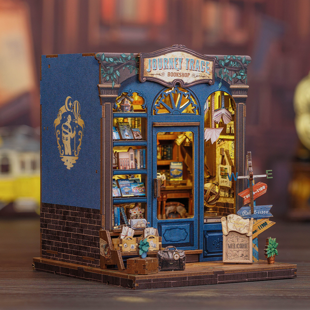 Book Nook DIY Journey Trace Bookshop – Librairie Miniature à Construire – Kit Maquette 3D Bois LED – Décor Étagère