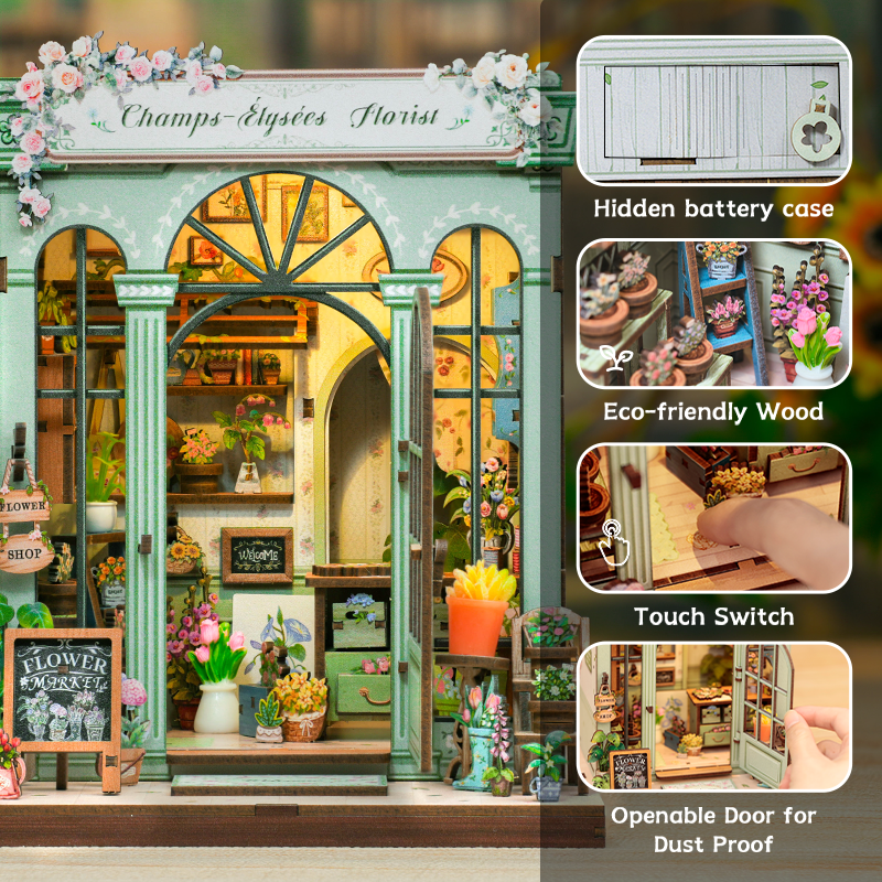 Book Nook DIY Fleuriste Champs-Élysées – Boutique Miniature à Construire – Kit Maquette 3D Bois LED – Décor Étagère