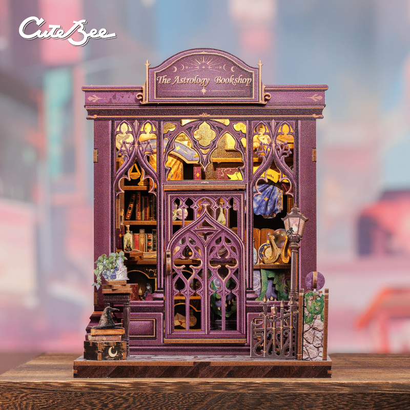 Book Nook DIY Astrologie – Librairie Miniature Astrale à Construire – Kit Maquette 3D Bois LED – Décor Étagère