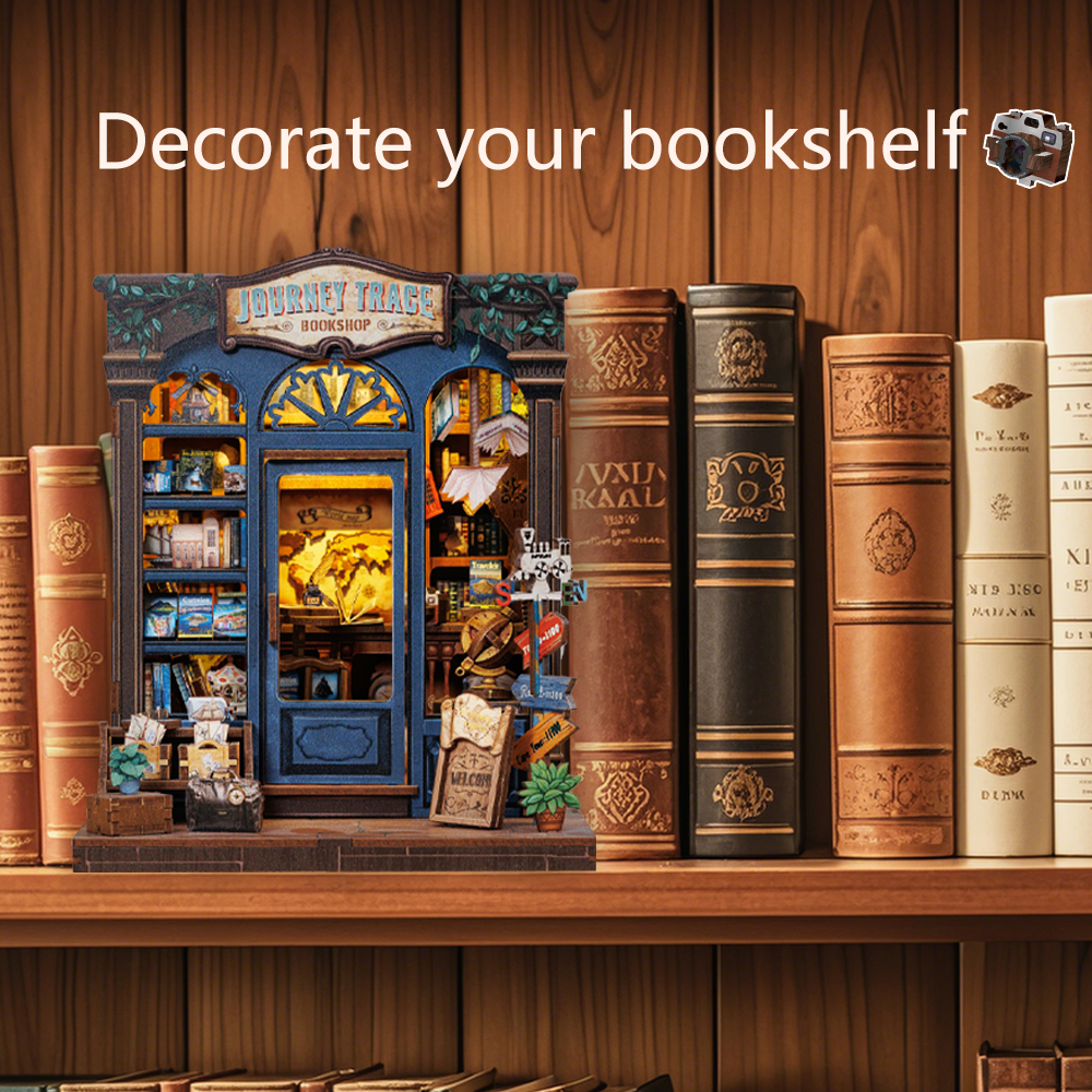 Book Nook DIY Journey Trace Bookshop – Librairie Miniature à Construire – Kit Maquette 3D Bois LED – Décor Étagère